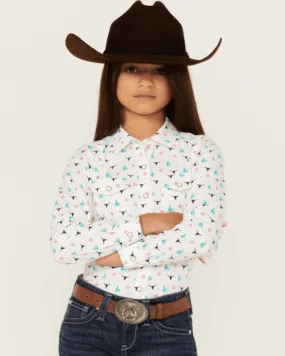 Ariat Girl's White Steerhead Southwestern Print Long Sleeve Western Shirt 10048595