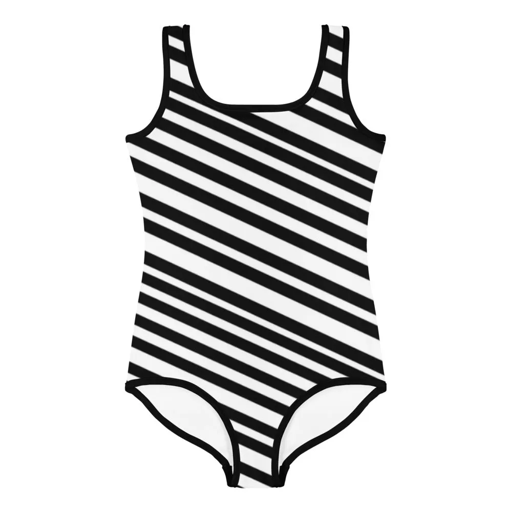 Black Diagonal Striped Girl's Swimsuit, Cute Premium Athletic Fitness Kids Bathing Suit