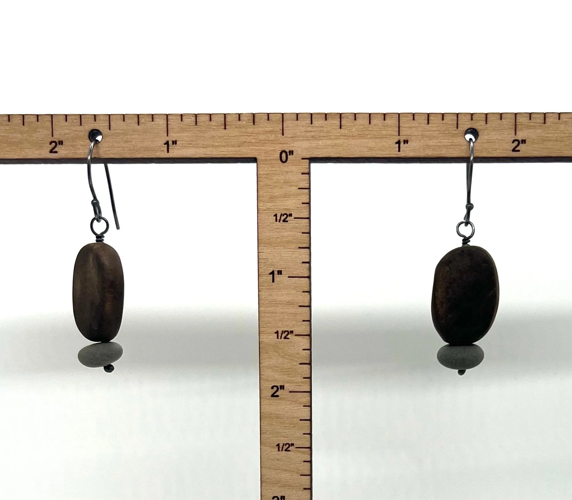 Burned Wood Oval & Rock Earrings