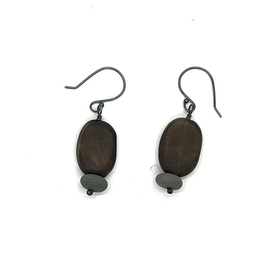 Burned Wood Oval & Rock Earrings