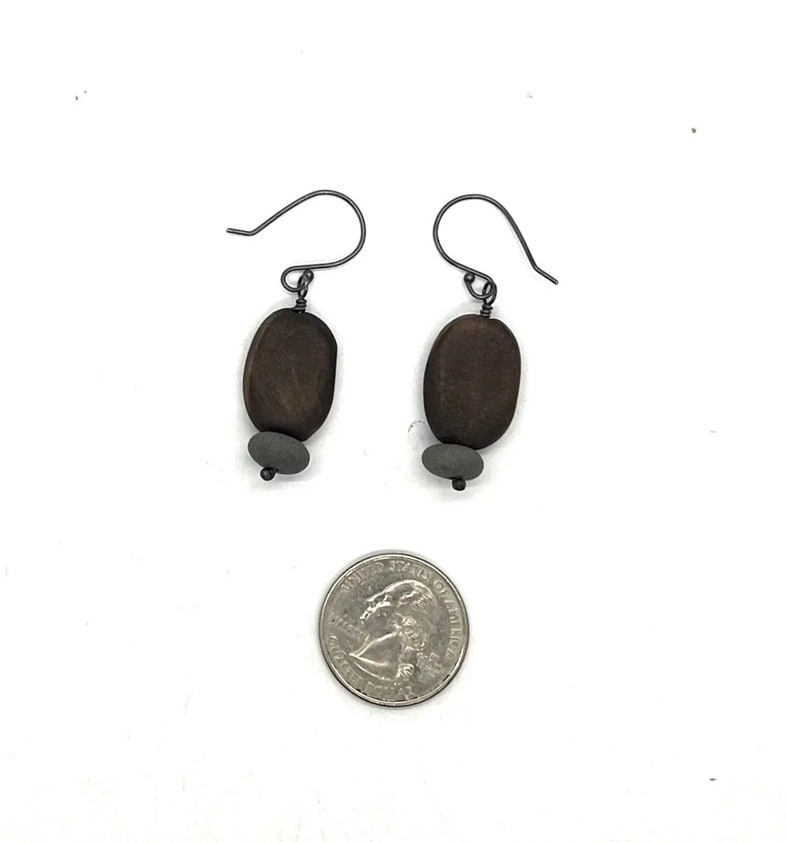 Burned Wood Oval & Rock Earrings