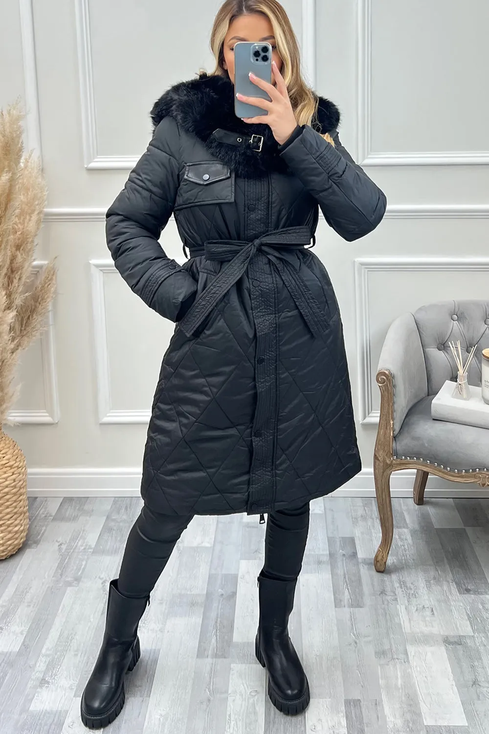 Carmen Black Quilted Faux Fur Longline Belted Puffer Coat