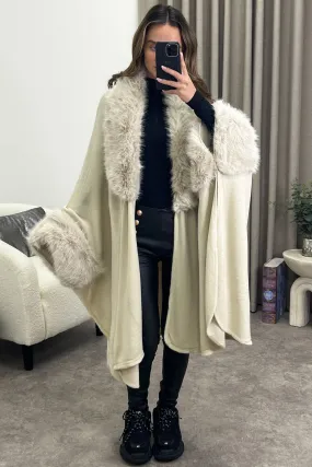 Channon Beige Faux Fur Trim Open Front Cape