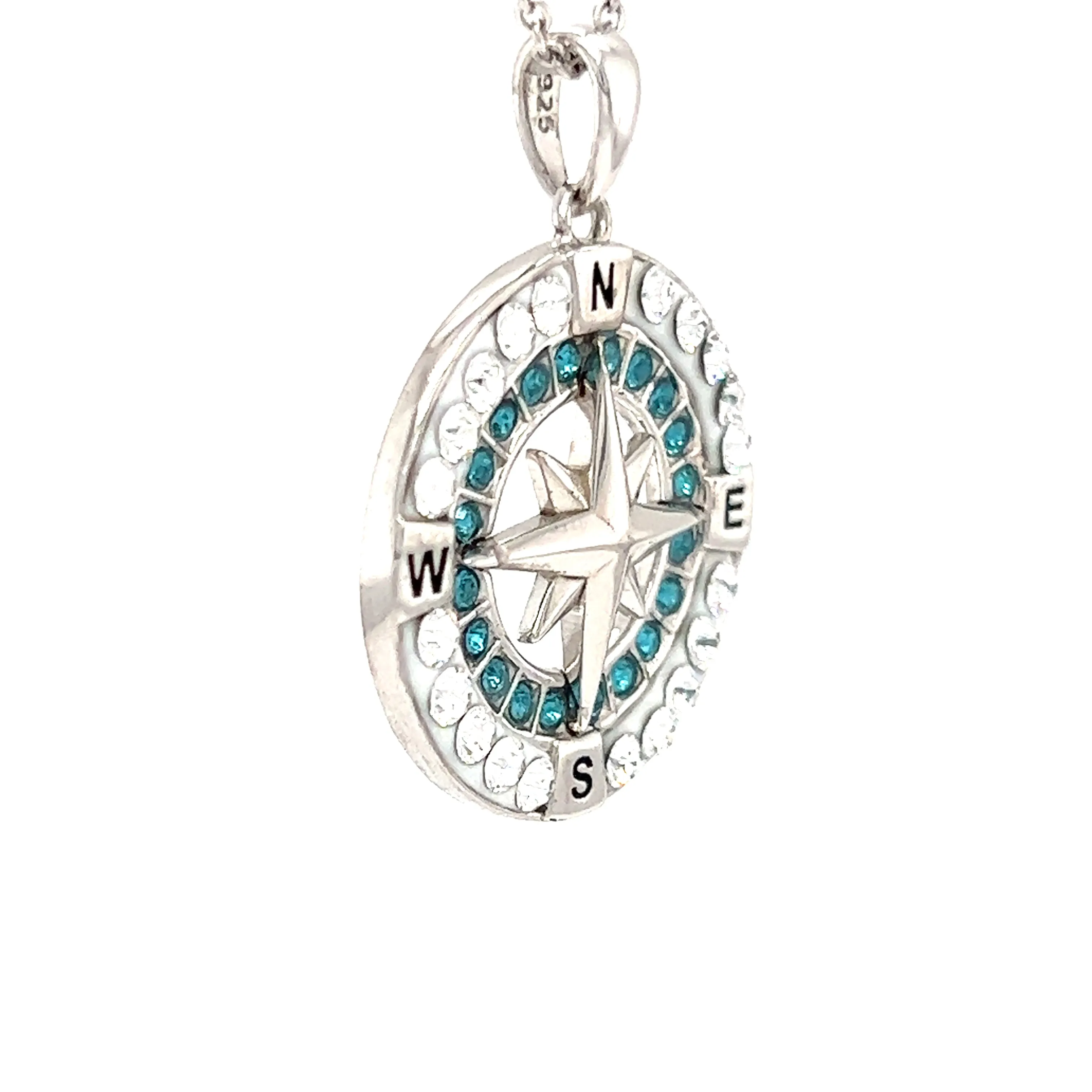 Compass Necklace with Aqua and White Crystals in Sterling Silver