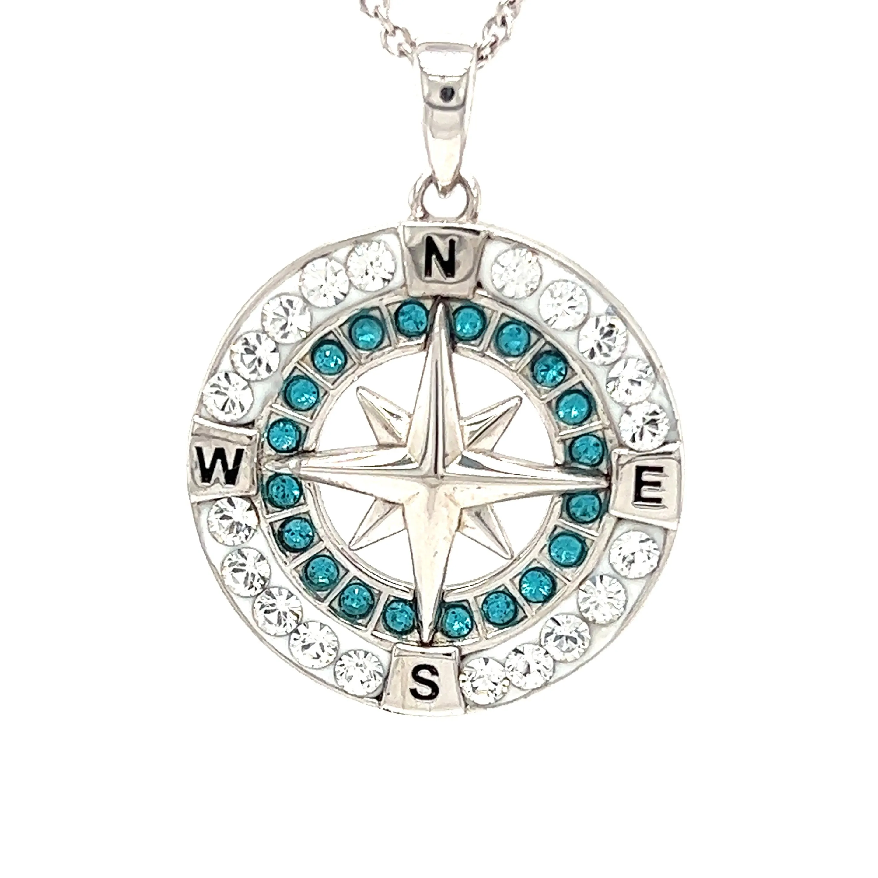 Compass Necklace with Aqua and White Crystals in Sterling Silver