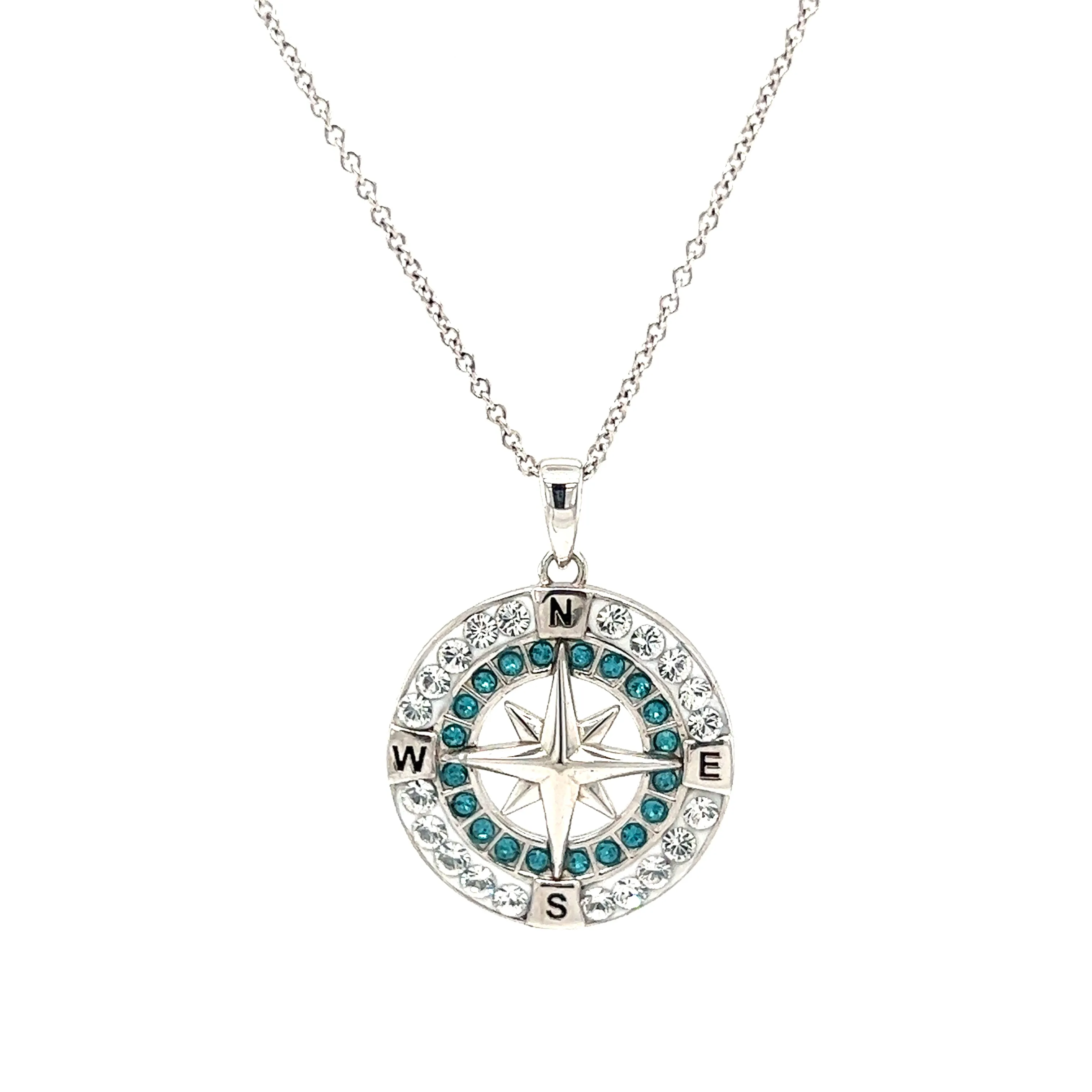 Compass Necklace with Aqua and White Crystals in Sterling Silver