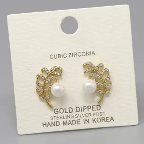 CZ Pave Leaf With Pearl Stud Earrings