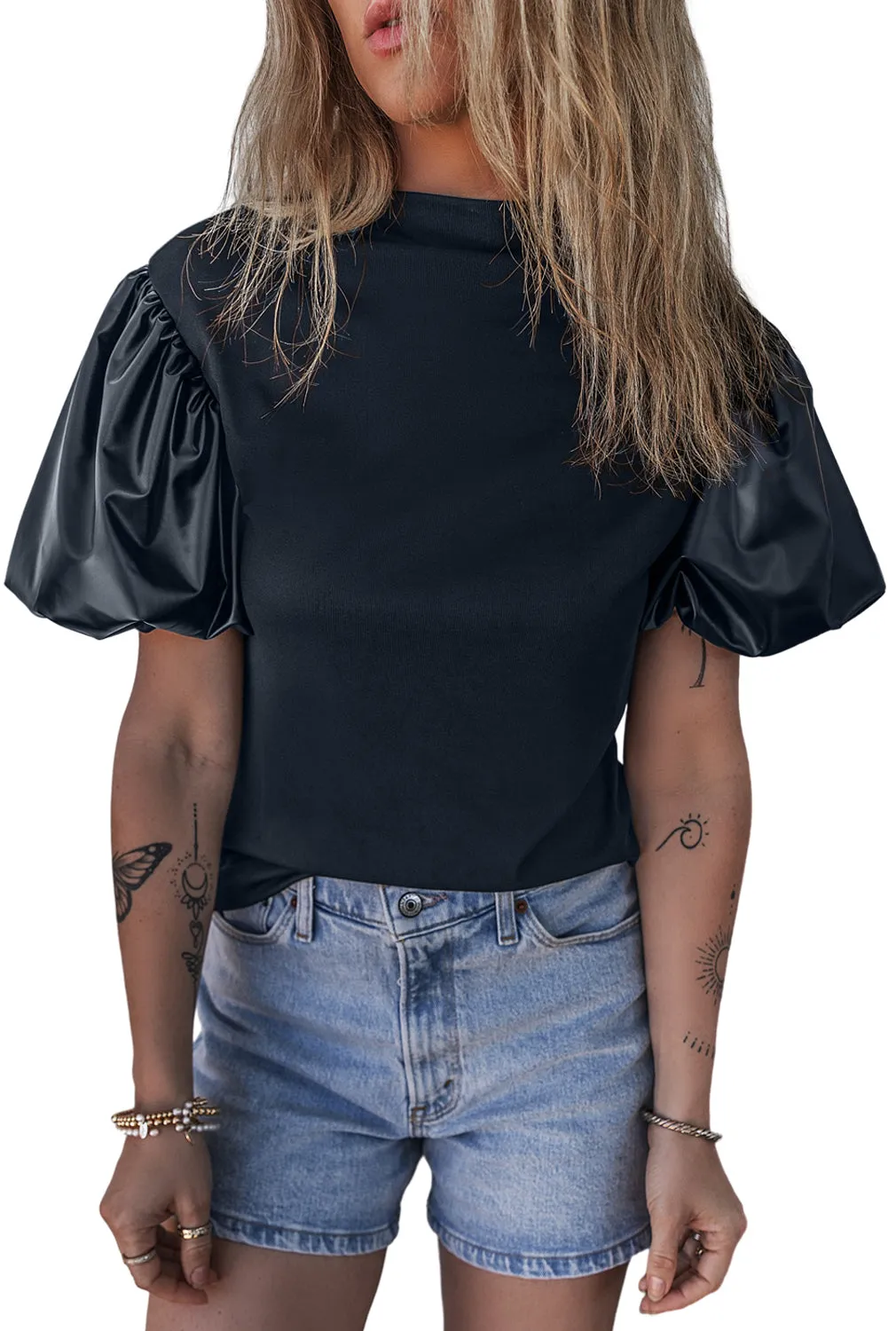 Faux Leather Puff Mock Neck Top