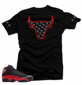 Match Air Jordan Bred 13s Sneakers. The Bull Black Tee