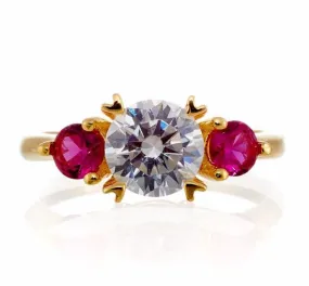 Round and Ruby Three Stone Cubic Zirconia Engagement Ring - Yellow Gold Plated Sterling Silver