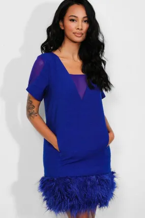 Royal Blue Mesh V-Neck Faux Fur Trim Dress