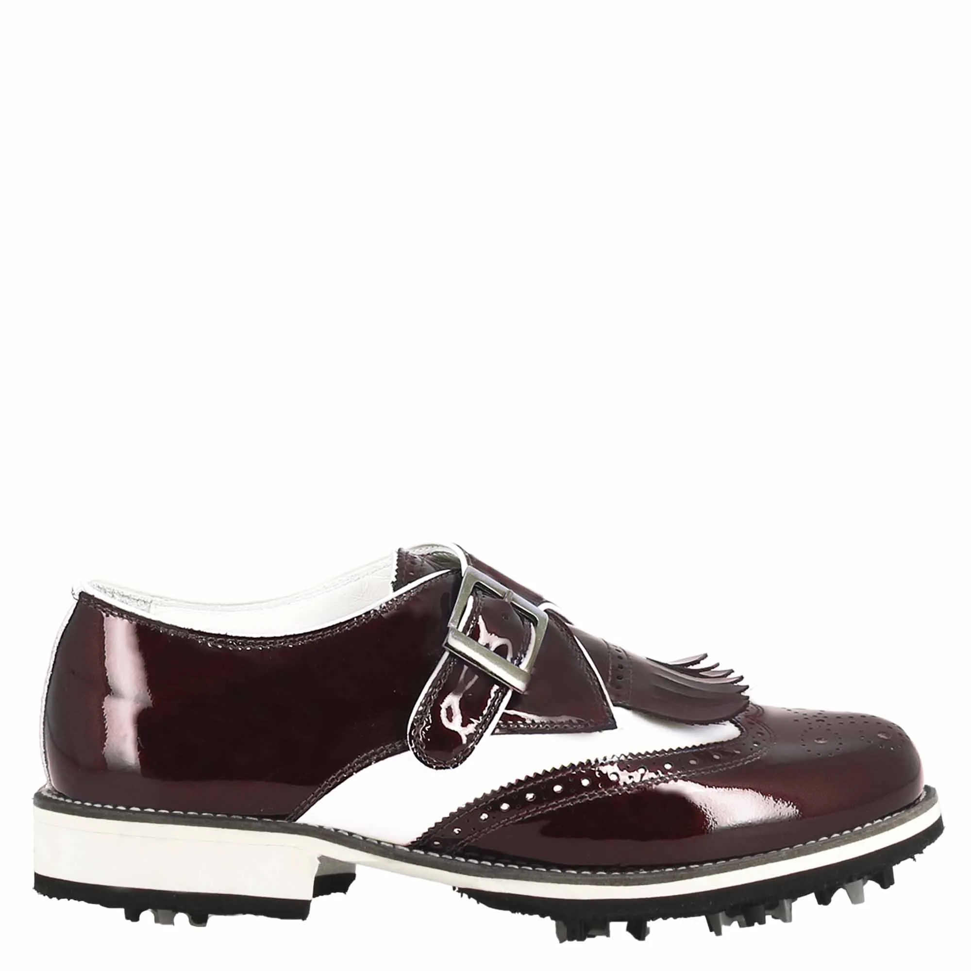 Scarpe con fibbia da golf uomo in pelle bianca e vernice bordeaux