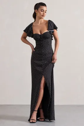 Signorina | Robe longue noire à pois boutonnée et manches courtes