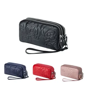 Women's cowhide leather floral pouch with triple zip